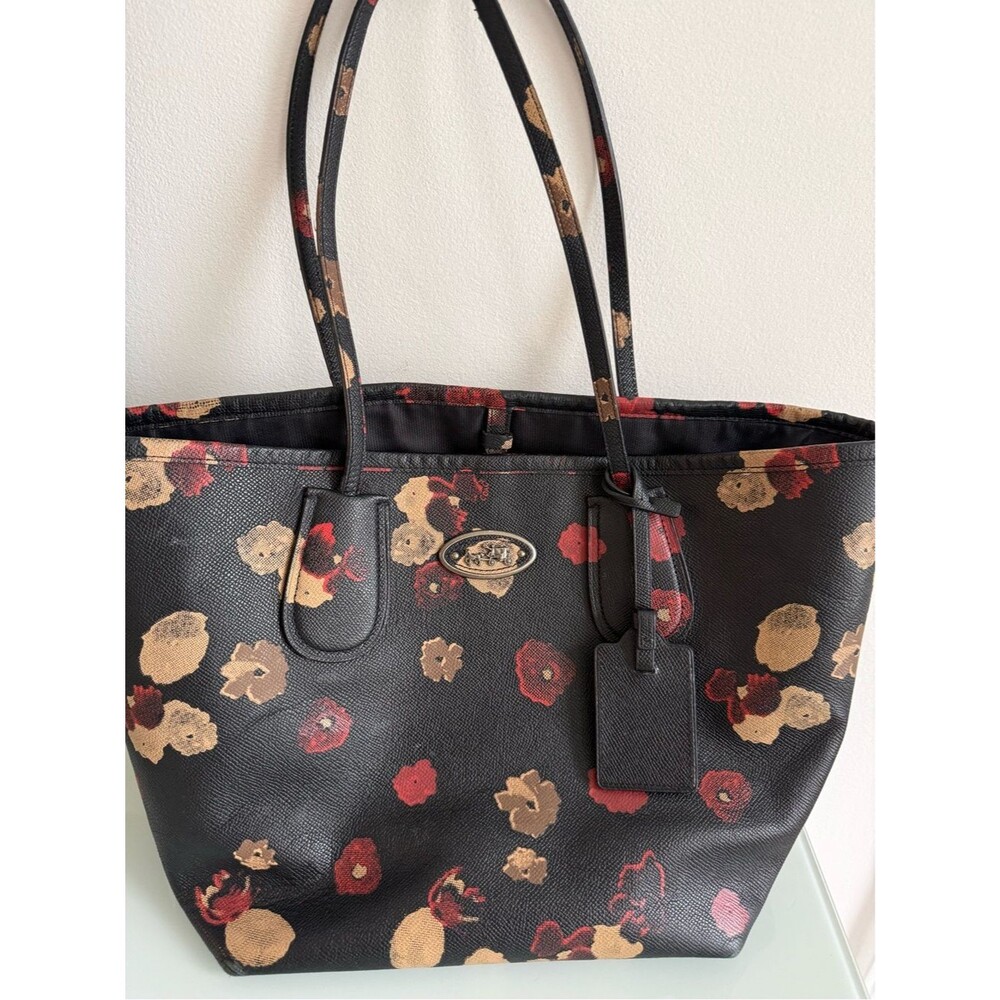 Coach Black Floral Tote with Red and Tan Bloom Print - Picture 9 of 15